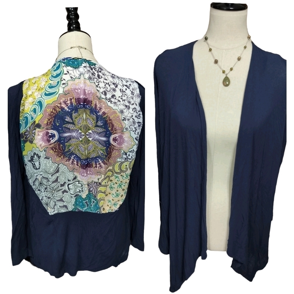 2468) Renee C Navy Abstract Print Open Front Cardigan Size Large
